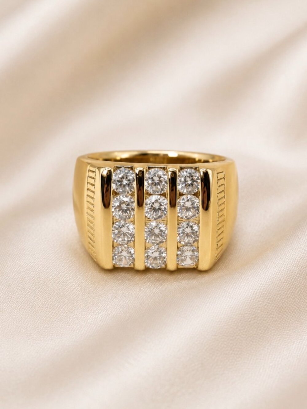 Men's CZ Statement Ring- 14K Gold Plated-Triple Row Cubic Zirconia- NEW!!